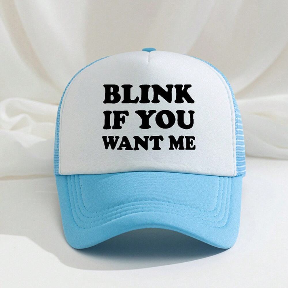 Blink If You Want Me Sky Blue & White Mesh Adjustable Trucker Hat NWOT
